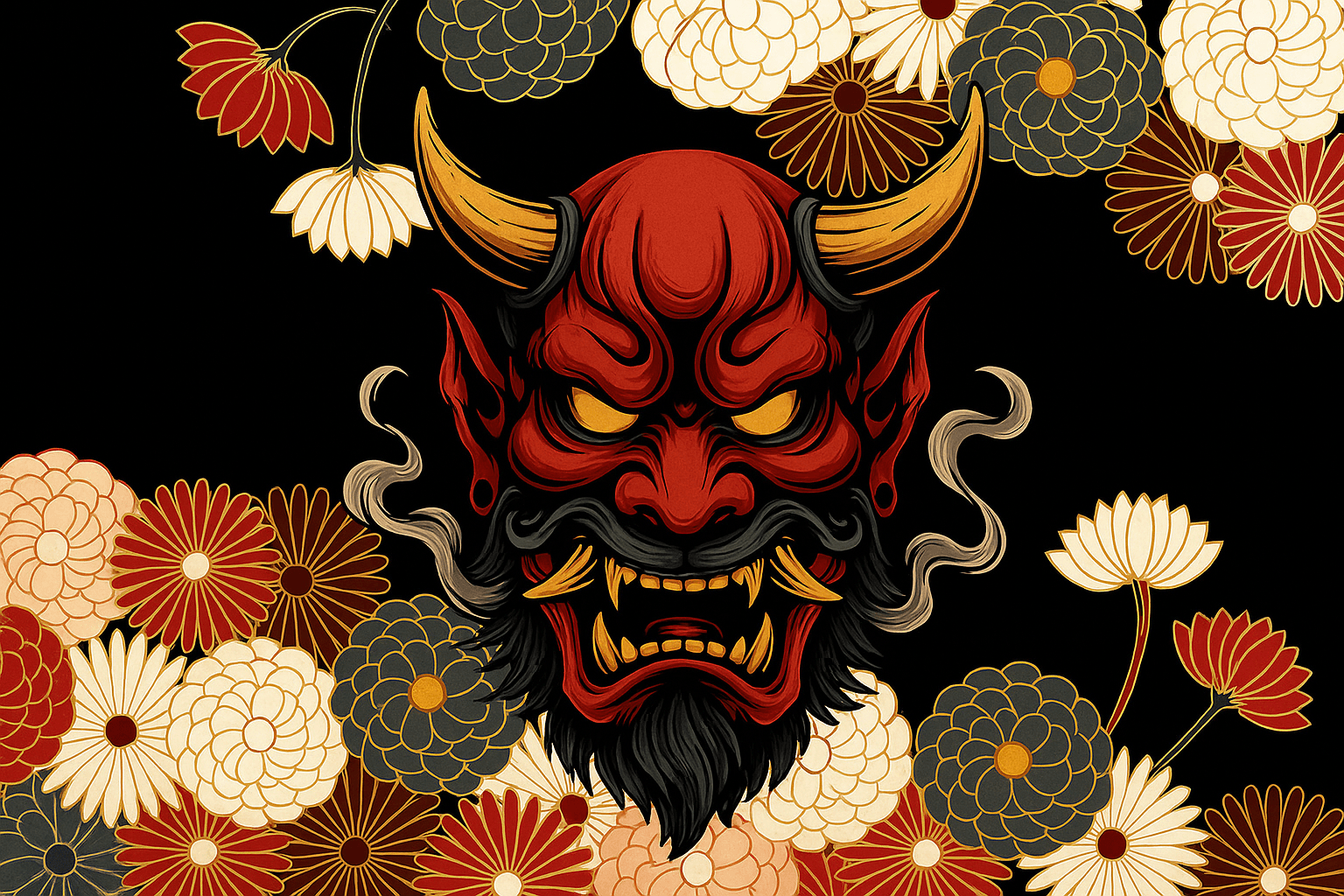 Oni and floral tattoo artwork for booking at Pine Ink Tattoo